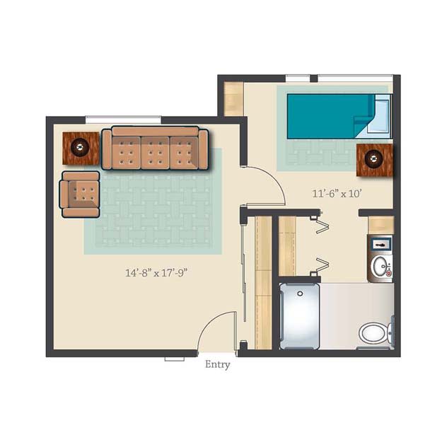 A simple floor plan of a one-bedroom apartment, featuring a living room, kitchen, and bathroom.