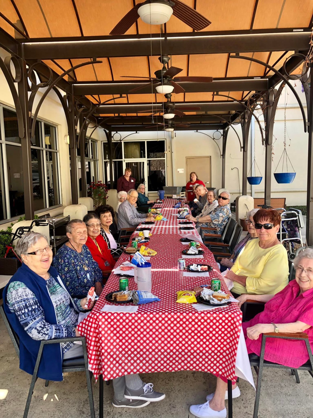 A group of seniors enjoying an outdoor meal at a long table with a red checkered tablecloth.