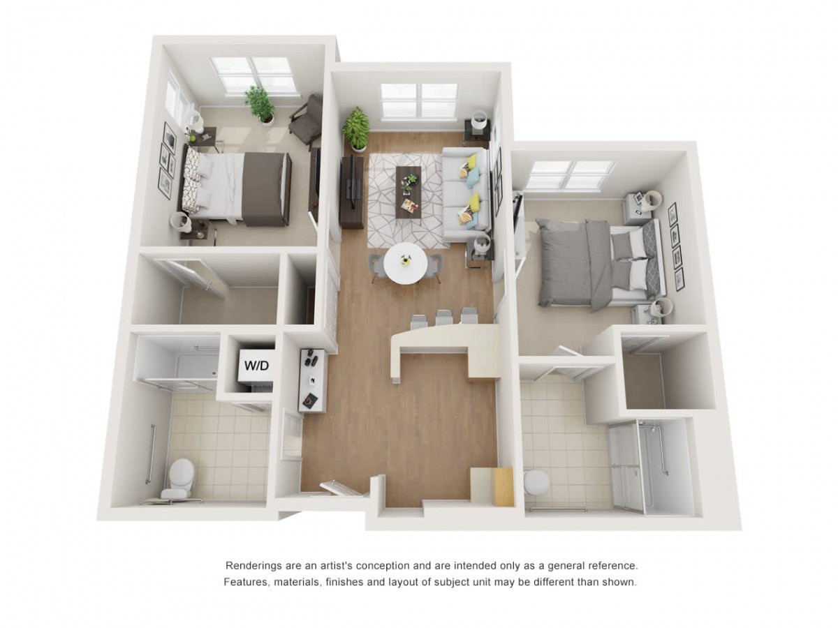 A 3D floor plan of a two-bedroom apartment with an open living room and kitchen area.