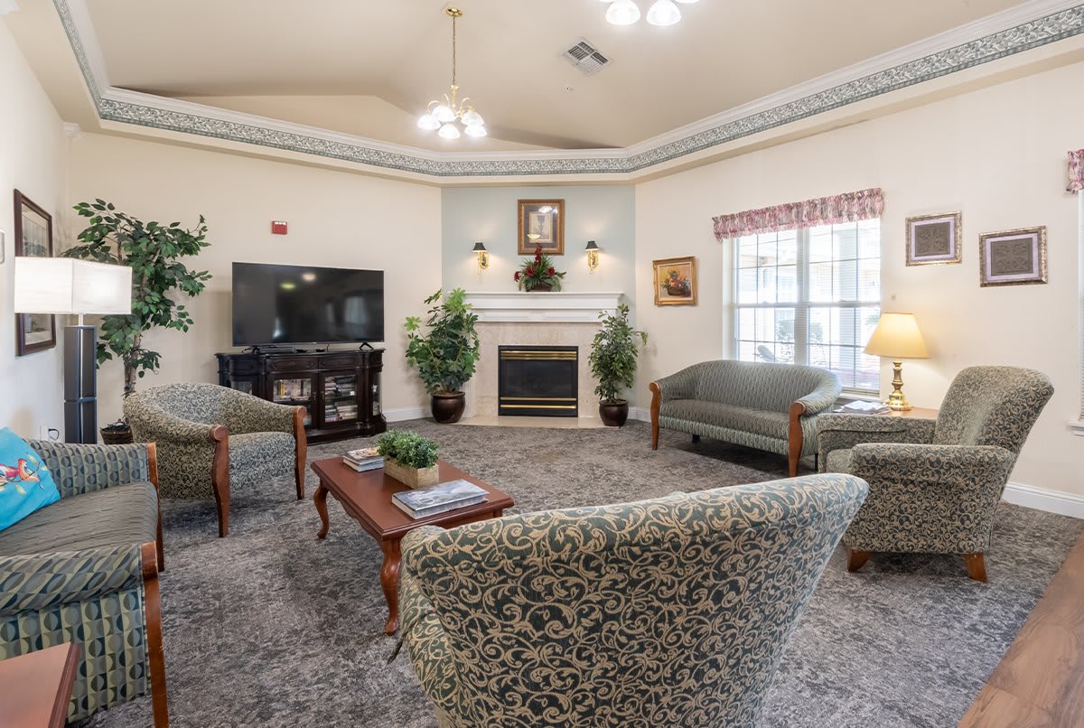 A cozy living room with sofas, a fireplace, and a television.
