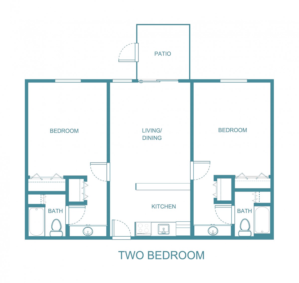 A blueprint of a two-bedroom apartment floor plan.