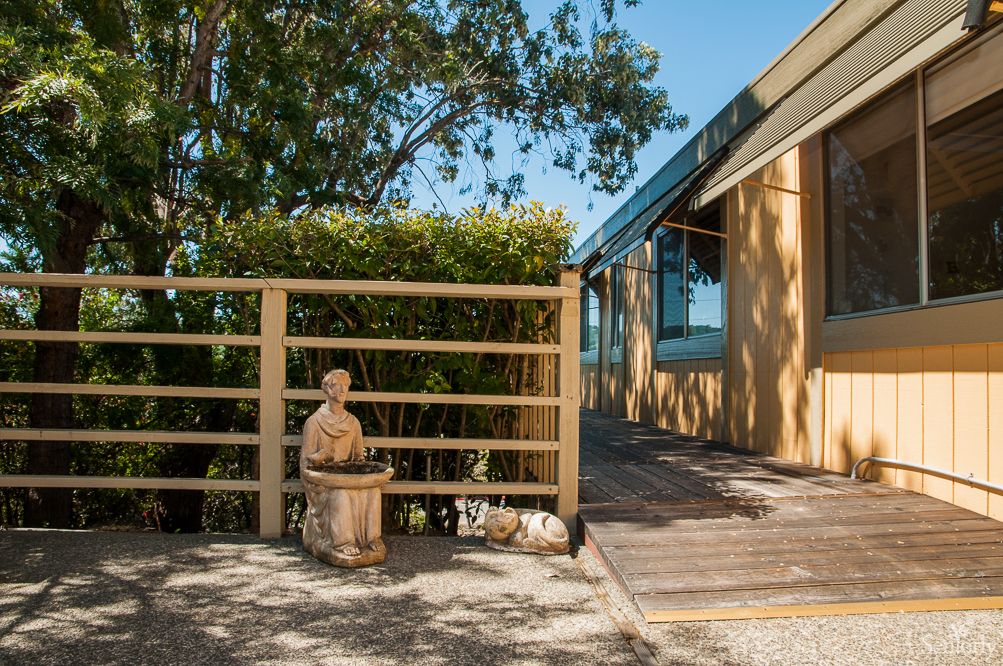 A sunny garden area with a wooden fence and a small statue, adjacent to a modern house.