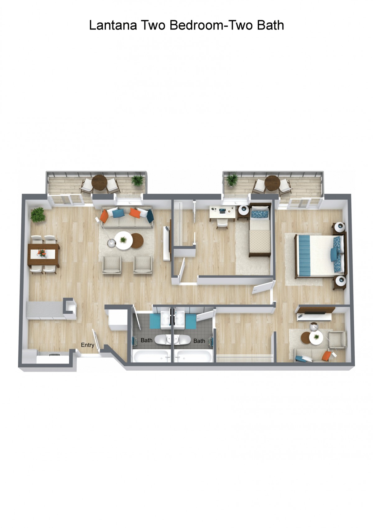 A 2-bedroom apartment floor plan showcasing a spacious layout with bedrooms, living area, kitchen, and bathrooms.