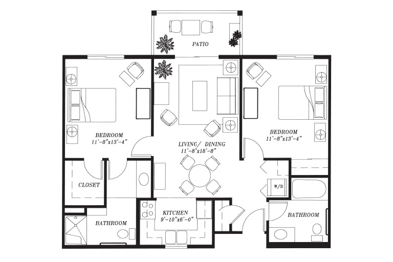 A floor plan of a two-bedroom apartment featuring a living room, kitchen, bathrooms, and a balcony.