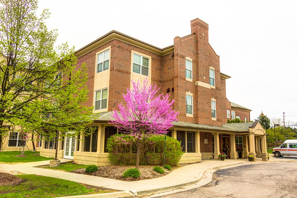 A brick building with a blooming pink tree in the foreground.