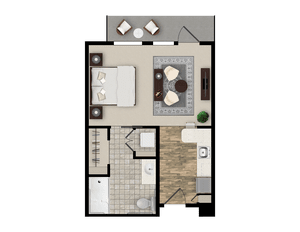 A one-bedroom apartment floor plan featuring a bedroom, living area, kitchen, and bathroom.