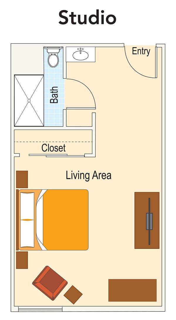 Studio apartment floor plan with a living area, bathroom, and closet.