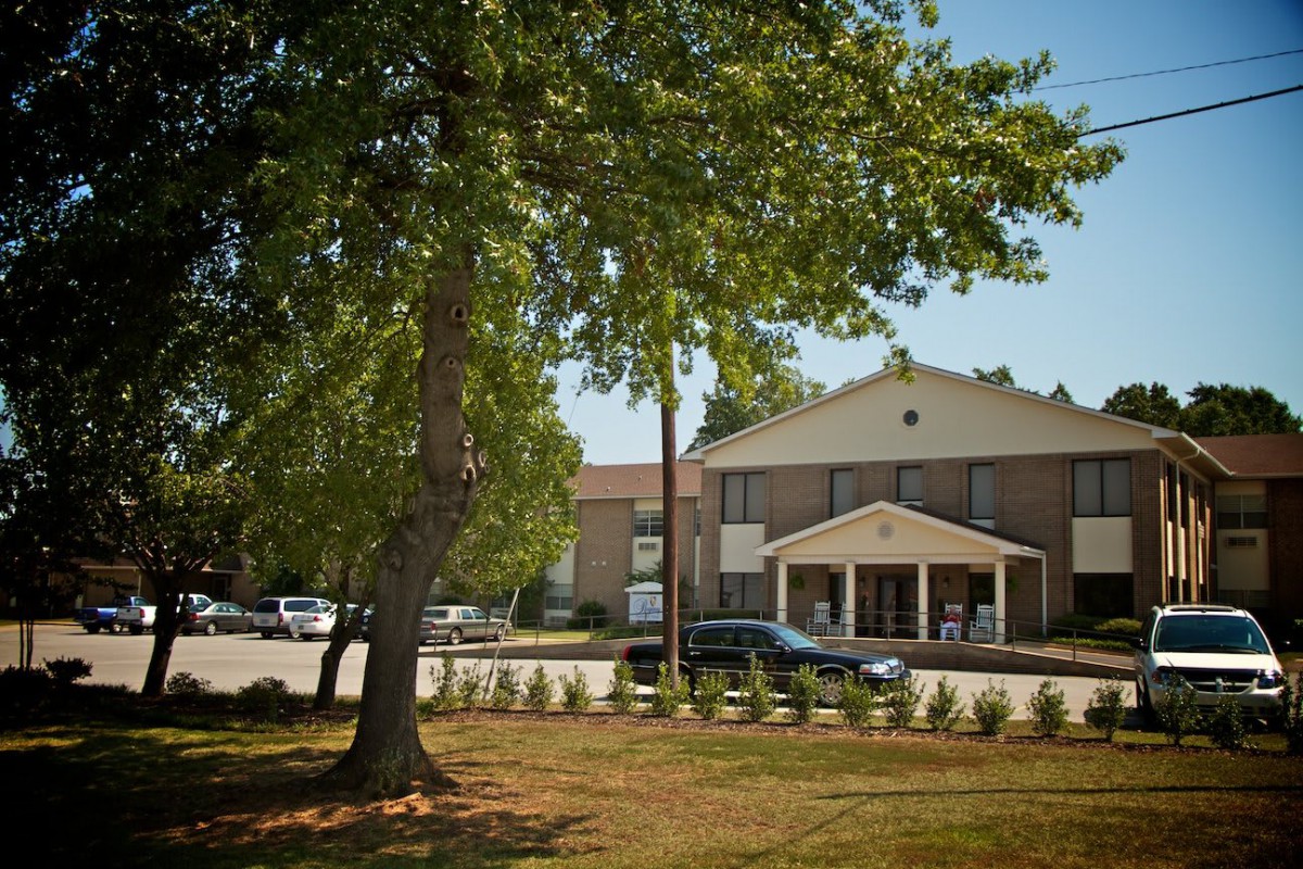 A building with a tree in the foreground and cars parked in the lot on a sunny day.