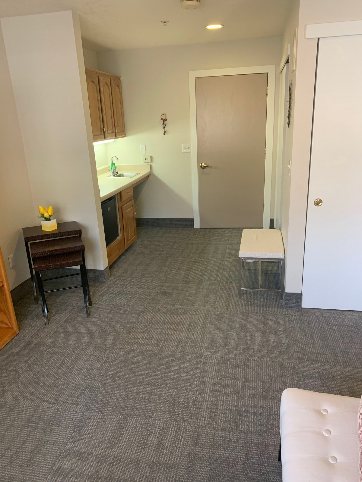 A minimalist room interior featuring carpet flooring, a door, and simple furniture.