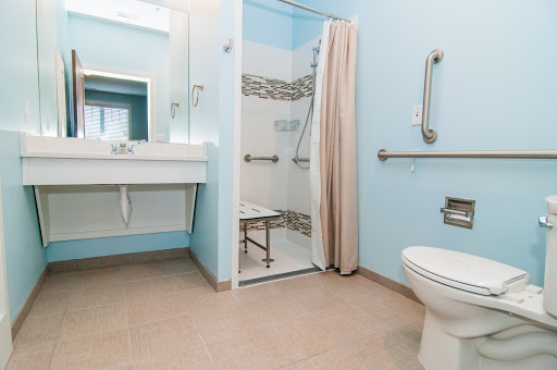 A well-designed accessible bathroom featuring a shower with handrails, a sink, and a toilet.