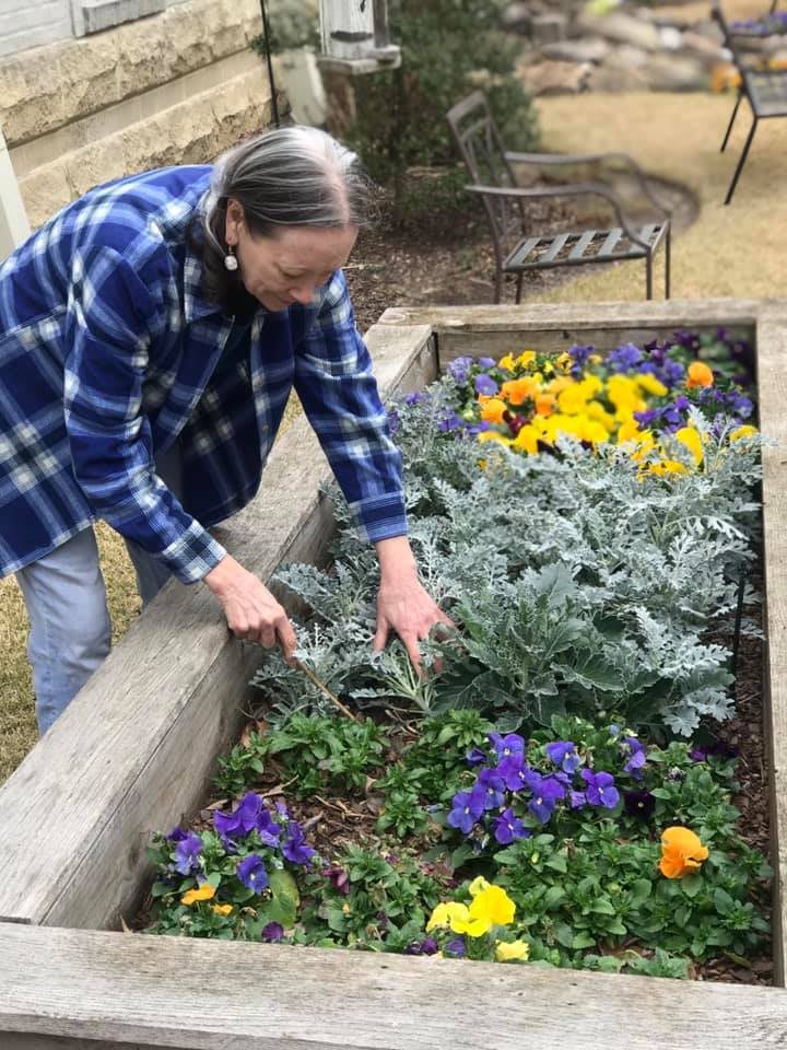 A woman tending to a garden bed filled with colorful flowers.
