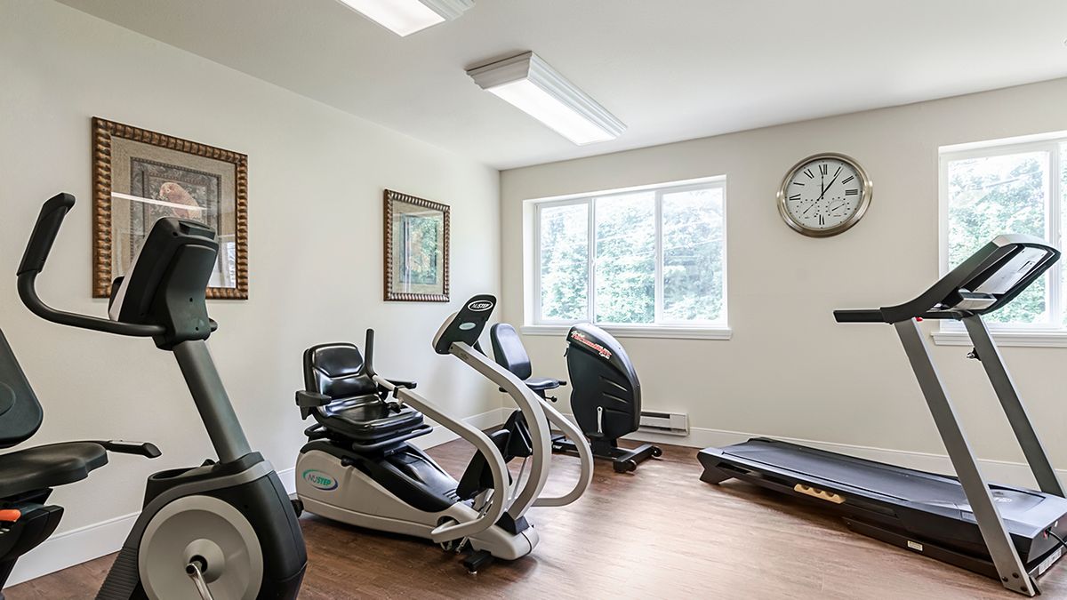 A small gym with exercise equipment including stationary bicycles and a treadmill.