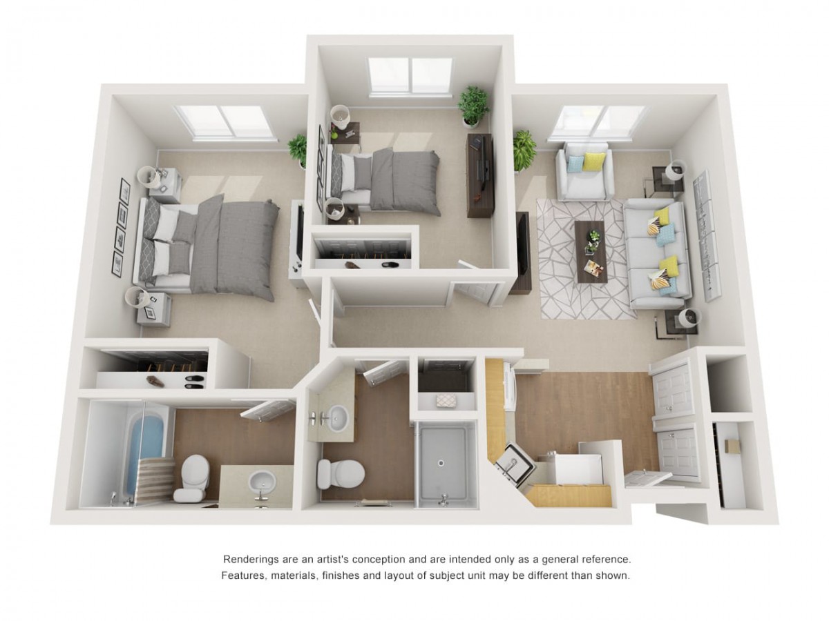 A 3D rendering of a modern two-bedroom apartment floor plan, featuring a living room, kitchen, and bathroom.