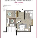 Floor plan of a one-bedroom apartment at Claremont, featuring a living area and kitchen.