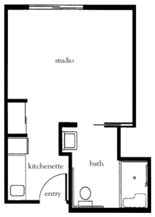 Studio apartment floor plan with kitchenette and bath.