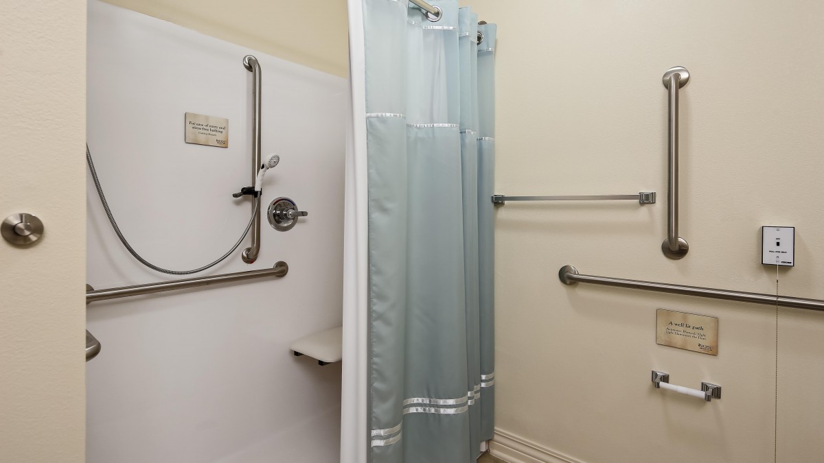 An accessible bathroom shower equipped with grab bars and a handheld showerhead for safety and convenience.