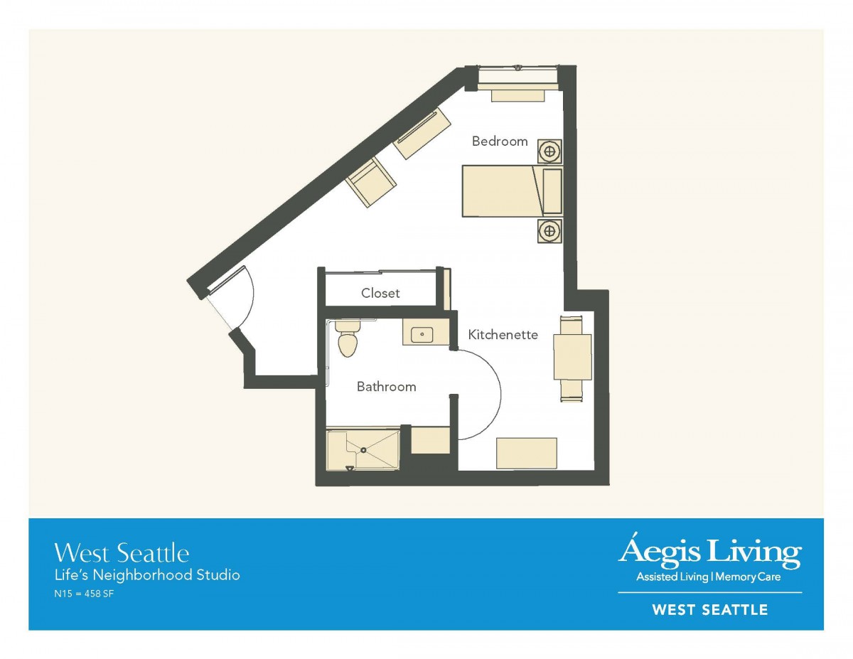 A floor plan for an apartment, showing the layout of rooms including a living area, bedroom, bathroom, and closet.