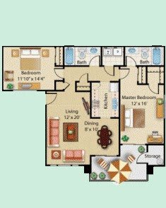A floor plan of a two-bedroom apartment featuring a living room, kitchen, two bathrooms, and a balcony.
