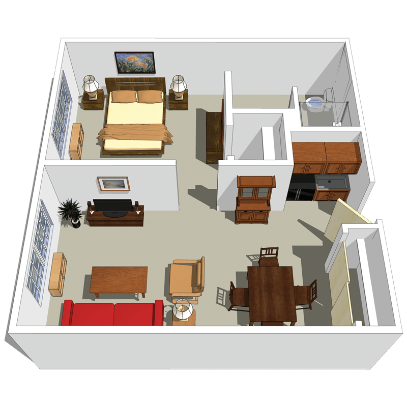 3D floor plan of a one-bedroom apartment with living and dining areas.