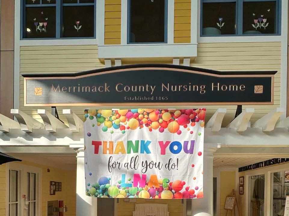 A colorful banner expressing gratitude hangs outside Merrimack County Nursing Home.