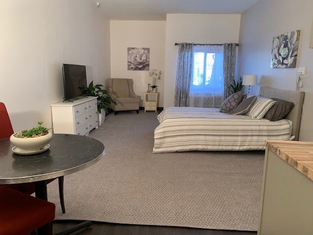 A cozy bedroom with a comfortable bed, armchair, and a television.
