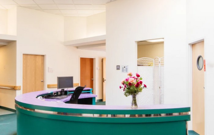 A welcoming reception area featuring a curved desk with a computer and flowers.