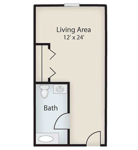 Studio apartment floor plan with a living area and bathroom.