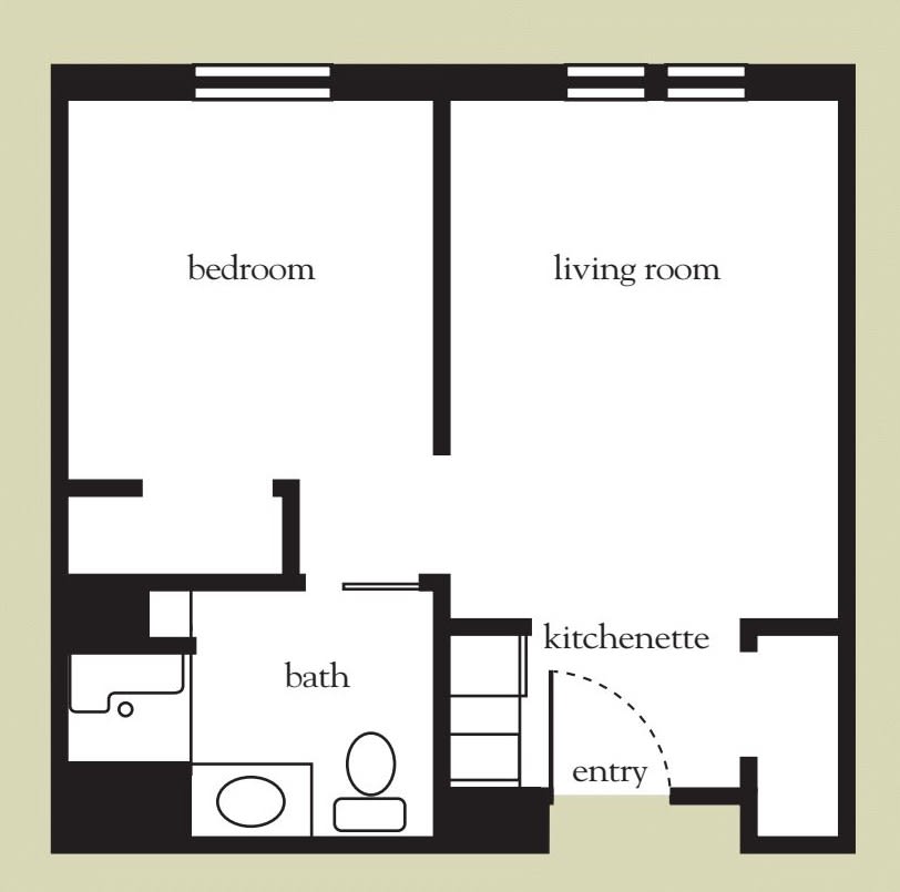 A simple apartment floor plan showing a bedroom, living room, kitchenette, bath, and entry.