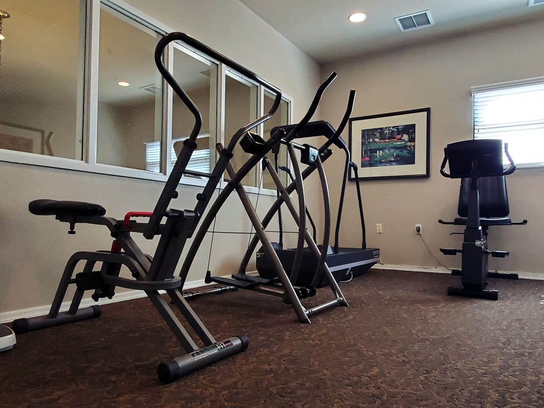 A small gym room equipped with treadmills and ellipticals.