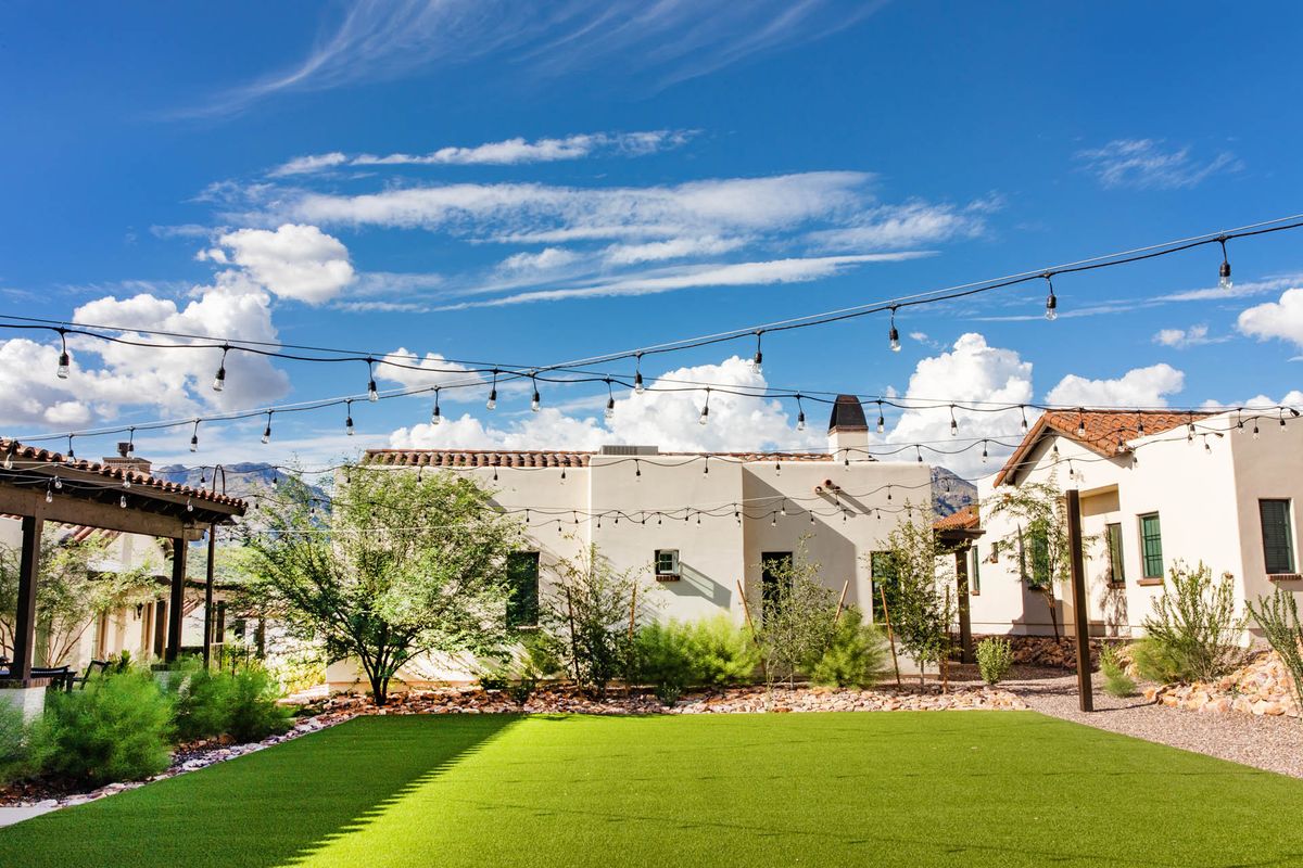 A beautiful backyard with a well-manicured lawn and string lights hanging above, set against a backdrop of clear blue skies and fluffy clouds.