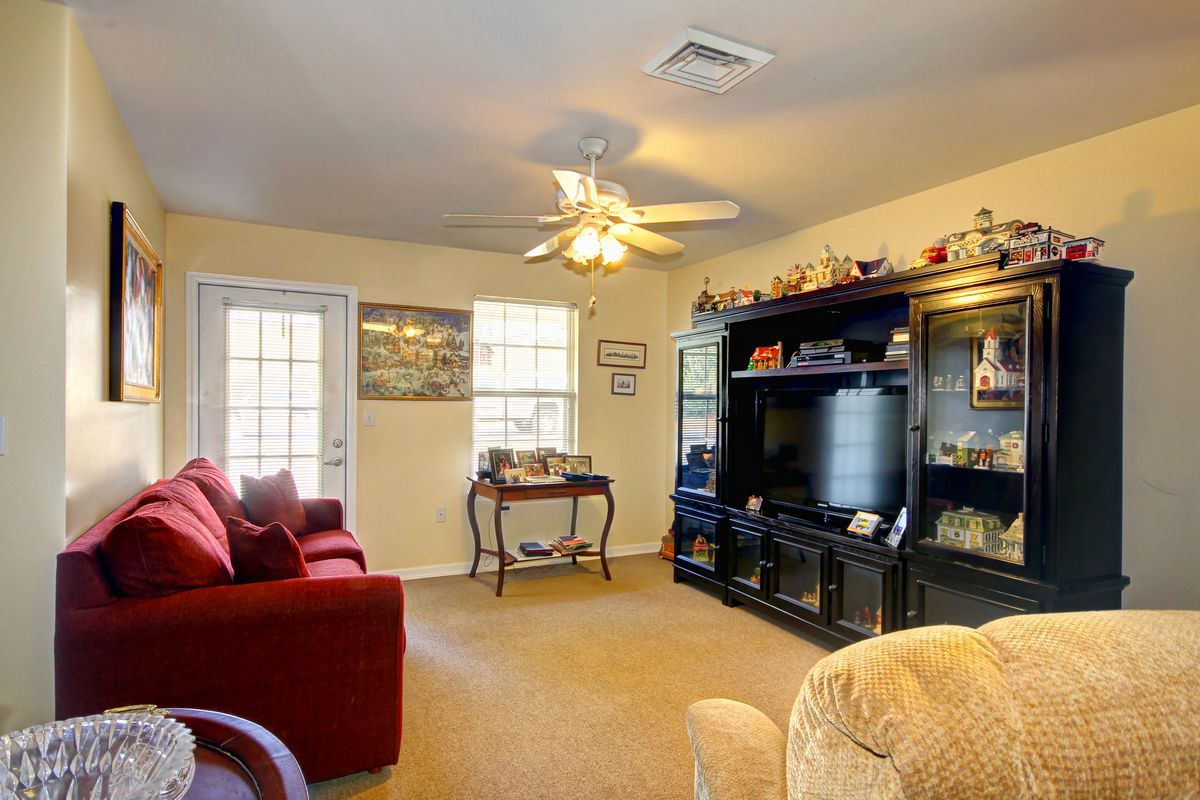 Cozy living room with a television, sofa, and ceiling fan.