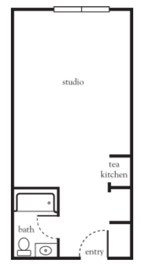 A simple floor plan of a studio with a tea kitchen area.