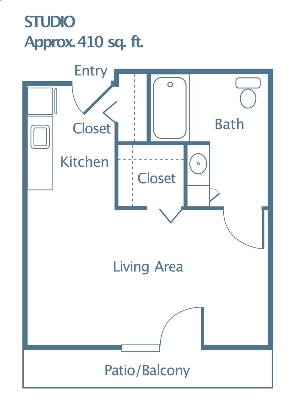A floor plan of a small studio apartment featuring a living area, kitchen, bathroom, and closets.
