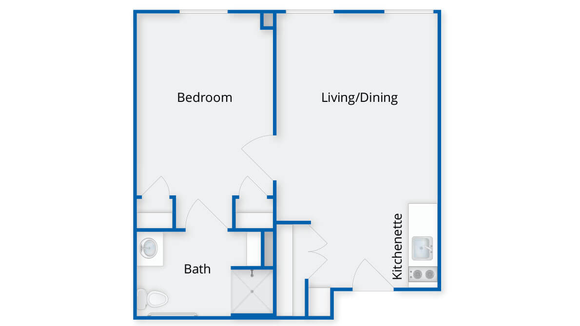 A floor plan of a one-bedroom apartment with a living/dining area, kitchenette, and bathroom.