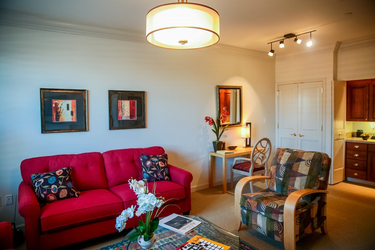 A cozy living room with a red sofa, patterned armchair, and elegant decor.