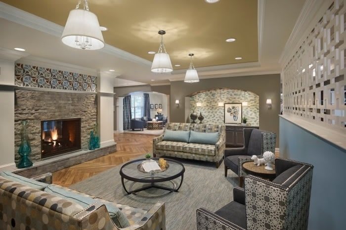 A cozy living room with a modern design featuring a fireplace and comfortable seating.