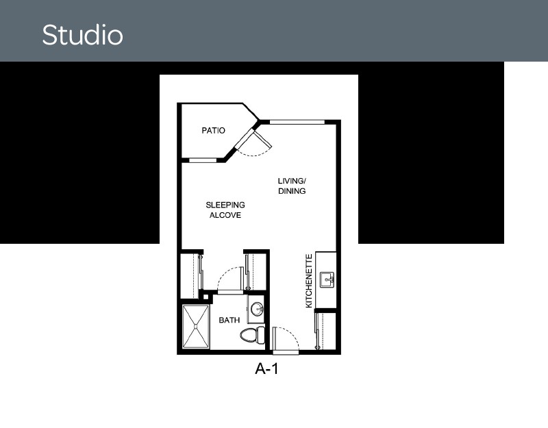 Floor plan of a studio apartment with a bathroom, kitchen, and living area.
