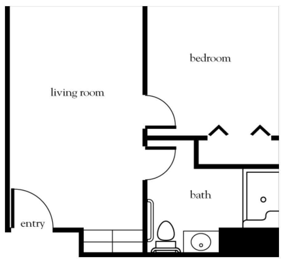 A simple floor plan showing an apartment layout with a living room, bedroom, bathroom, and entryway.