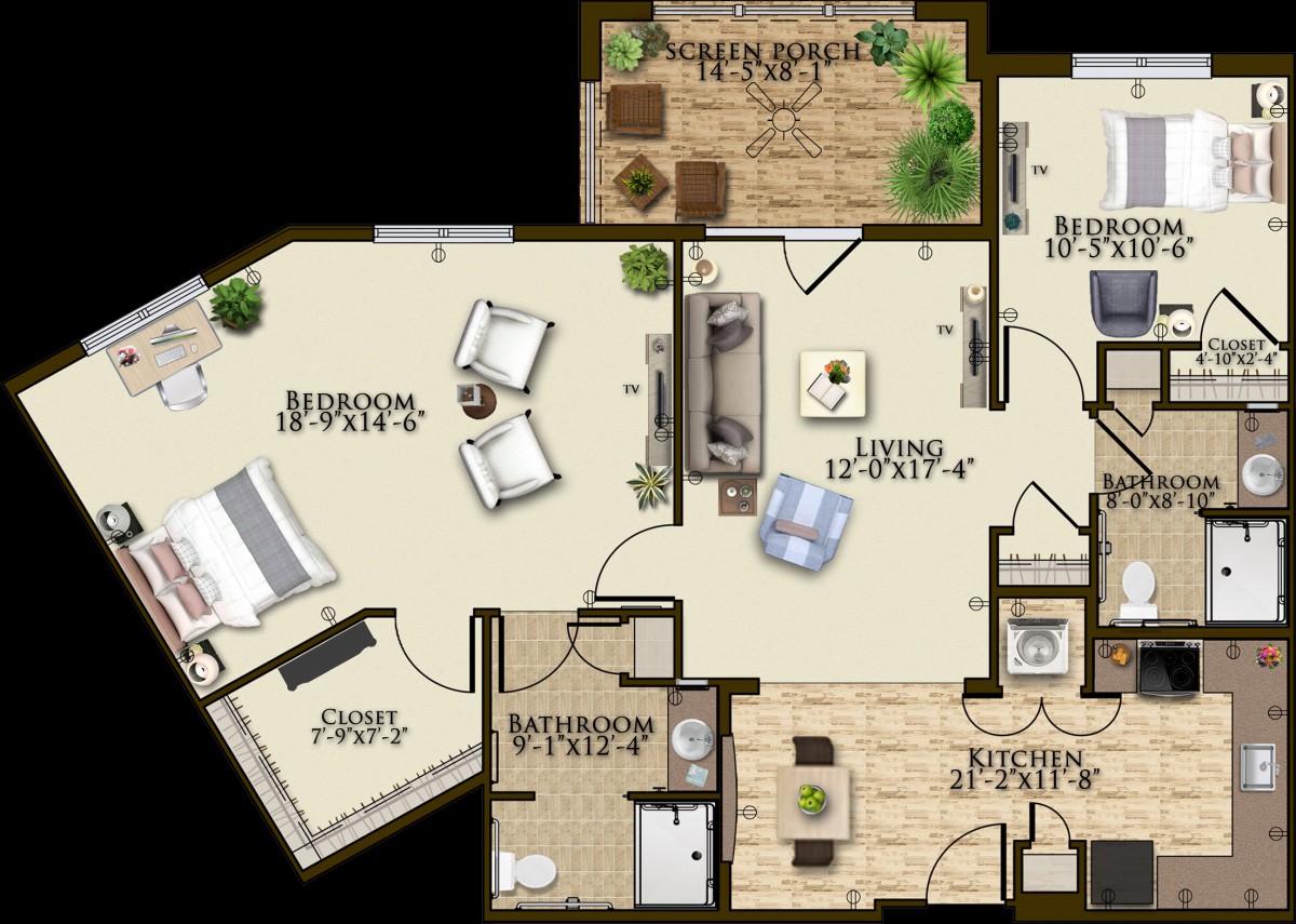 This image shows a detailed floor plan of a two-bedroom apartment featuring a living room, kitchen, two bathrooms, and a balcony.