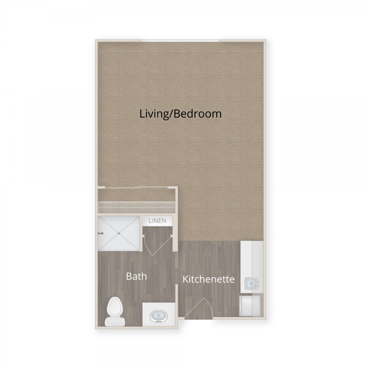 A simple floor plan showing a living room and bathroom layout.
