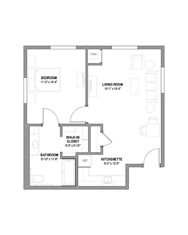 A floor plan of a one-bedroom apartment with a kitchen, living room, and bathroom.