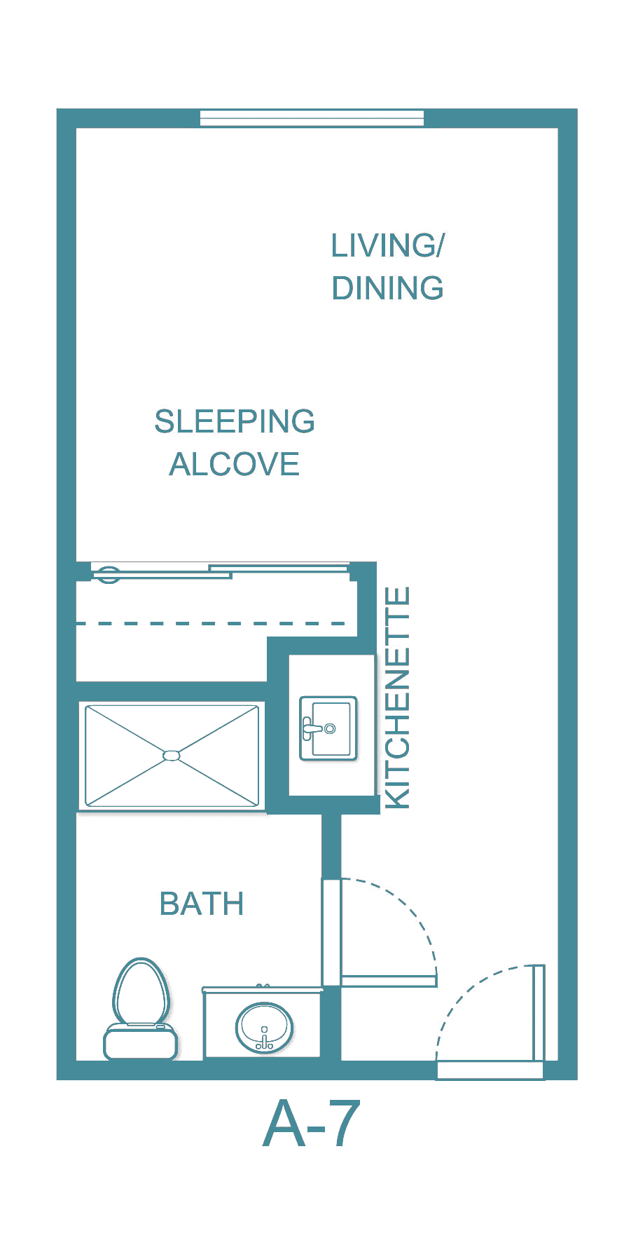 Studio apartment floor plan with a sleeping alcove, kitchenette, and bathroom.