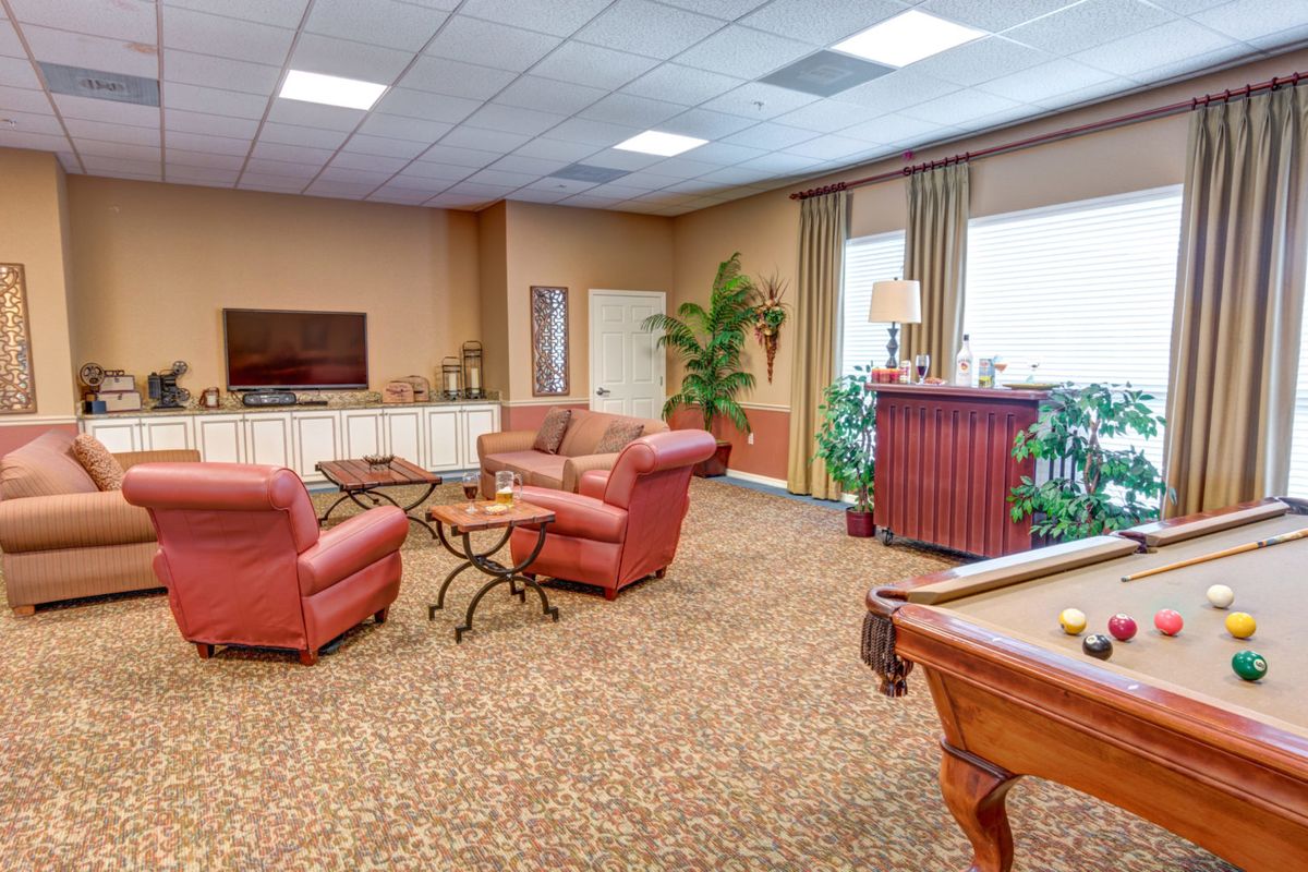 A cozy lounge area featuring comfortable seating, a television, and a pool table with decorative plants.
