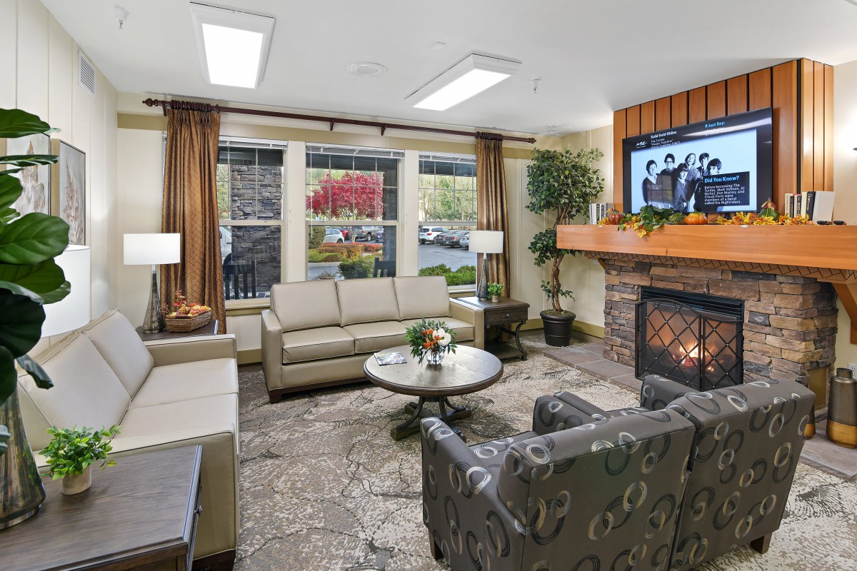 A cozy living room with a fireplace, comfortable seating, and a television, bathed in natural light from large windows.