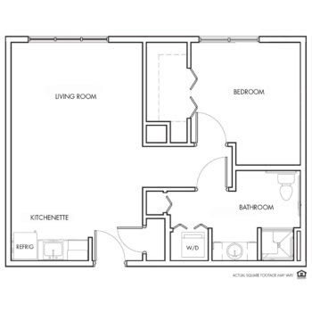 A floor plan of a one-bedroom apartment featuring a living room, kitchen, and bathroom.