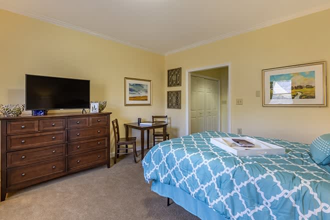 A cozy bedroom featuring a blue-patterned bedspread, a dresser with a television, and framed artwork on light yellow walls.