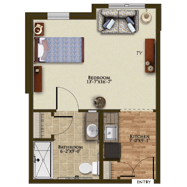 A one-bedroom apartment floor plan featuring a bathroom, living area, and kitchenette.