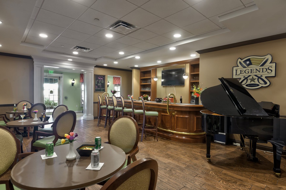 A cozy lounge bar with elegant seating and a grand piano.