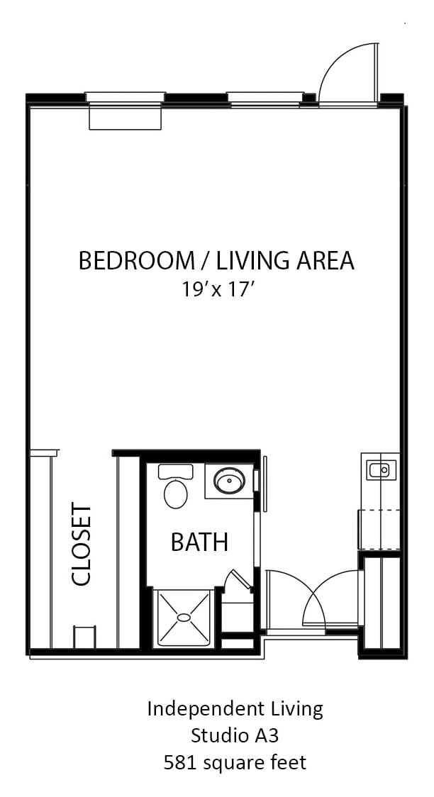 Studio apartment floor plan with a combined bedroom and living area, bathroom, and closet.