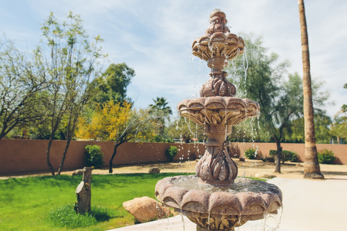 A beautiful stone fountain in a landscaped garden.